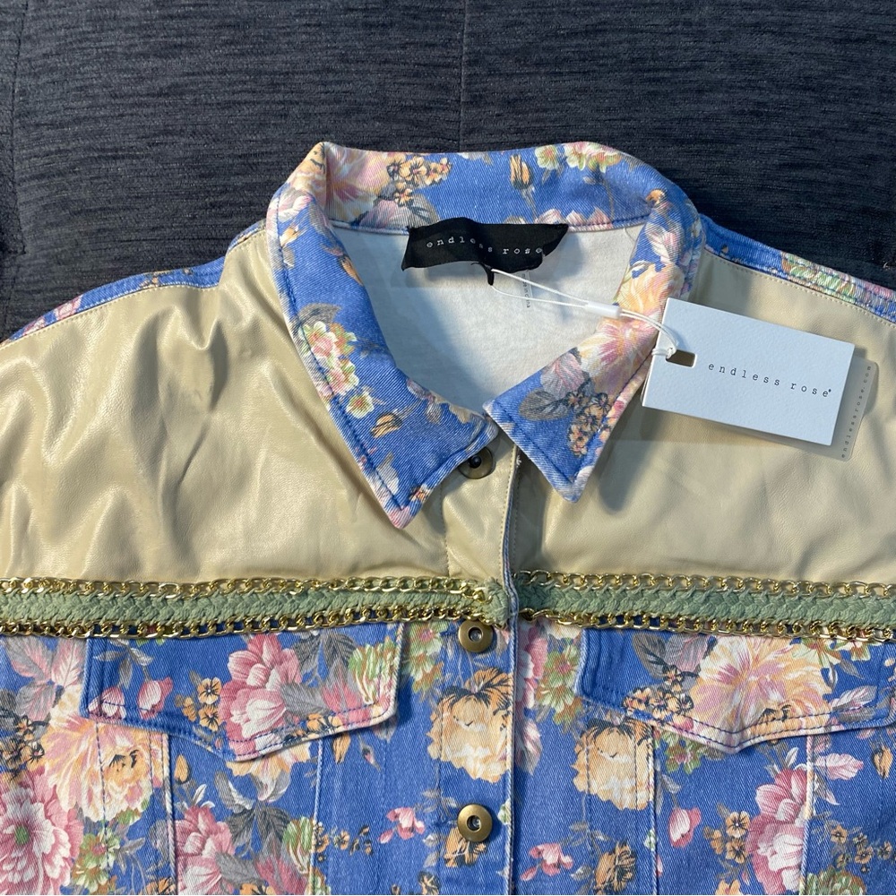 Endless Rose Blue and Tan Floral Jean Jacket - Picture 5 of 16